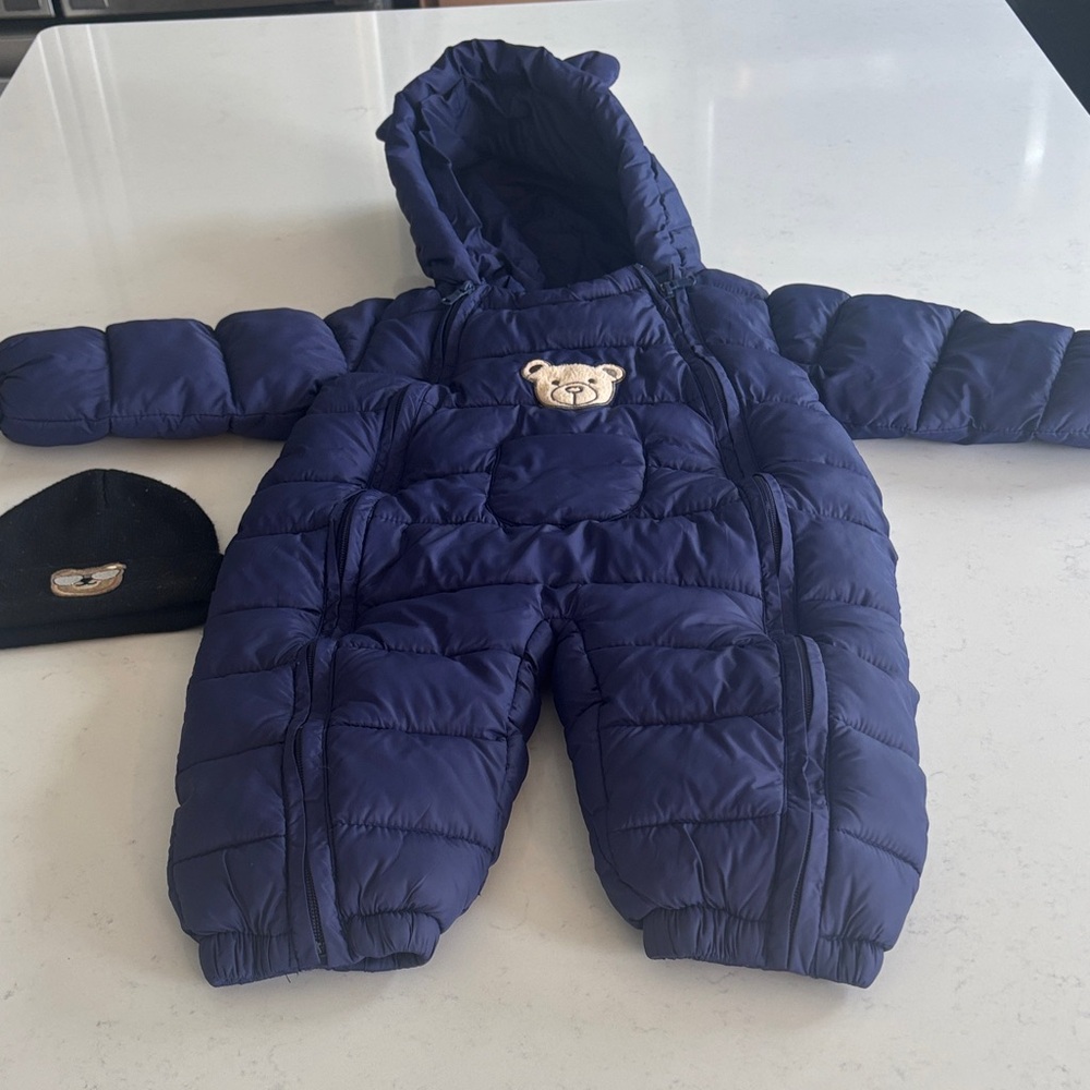Navy Blue Baby Snowsuit with Bear Patch